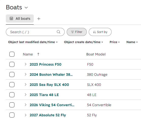 Yacht and boat inventory stored in HubSpot for MarineMatch buyer matching